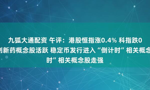 九狐大通配资 午评：港股恒指涨0.4% 科指跌0.59% 创新药概念股活跃 稳定币发行进入“倒计时”相关概念股走强